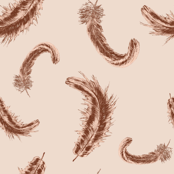 Decorative seamless pattern with beautiful feathers. Art trendy print drawn with crayons. - Foto, Imagem