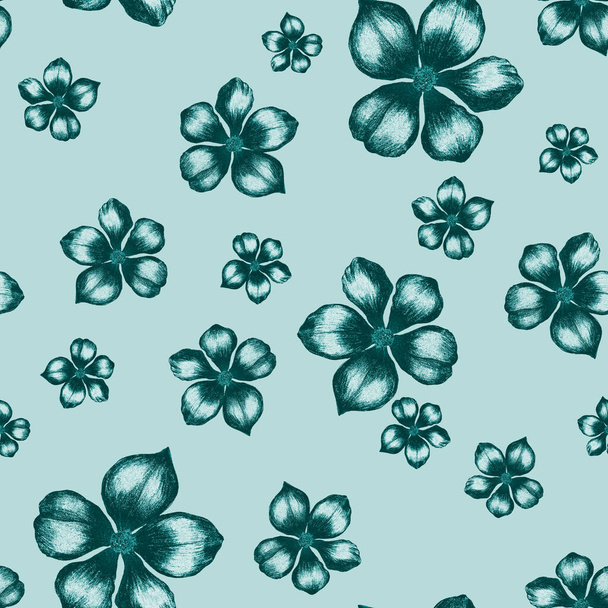 Beautiful seamless pattern with stylized flowers. Botanical summer print. Hand drawn with colored pencils. - Fotografie, Obrázek
