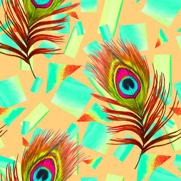 Decorative seamless pattern with beautiful peacock feathers on geometric background. Creative trendy print. Hand drawn with crayons. For any kind of design. - Zdjęcie, obraz
