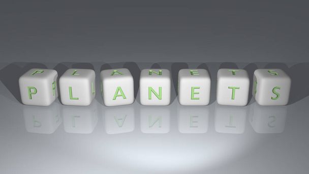 glänzende Planeten aus kubischen Buchstaben von oben, hervorragend für die Konzeptpräsentation in 3D-Illustration - Foto, Bild
