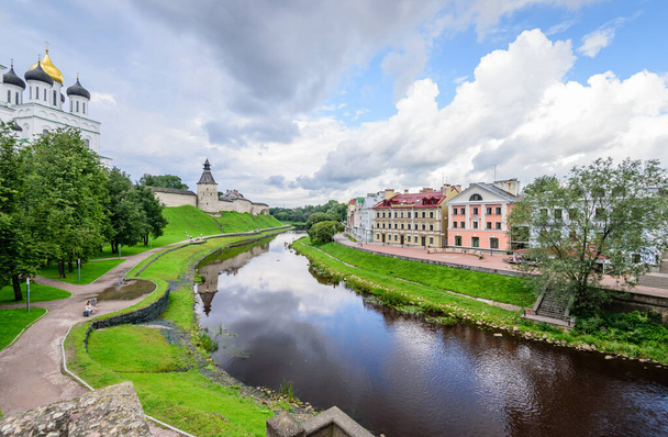 Golden embankment in the historical part of Pskov and the ancient Kremlin, Pskov, Russia - Photo, Image