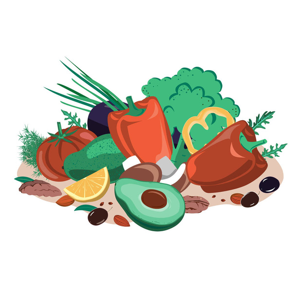 Zelenina, semena, houby a ořechy. Zdravé jídlo vektorové ilustrace. Půst napodobující dietní jídlo, FMD. Vysoké tuky a nízký obsah sacharidů produkty zhubnout a zlepšit tělesné zdraví - Vektor, obrázek