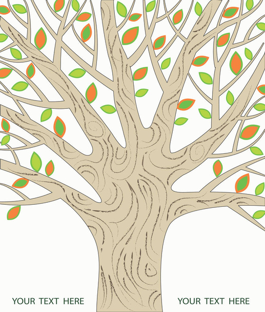 Stylový vektorový obraz stromu s oranžovými a zelenými listy na bílém pozadí s textem - Vektor, obrázek