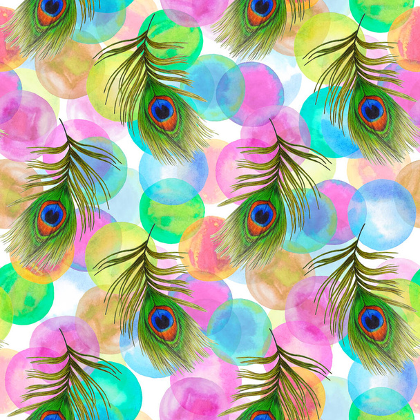Decorative seamless pattern with beautiful peacock feathers on background. Trendy texture. Hand drawn with crayons. - Fotó, kép