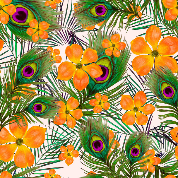 Decorative seamless pattern with beautiful peacock feathers and stylized flowers. Trendy summer texture. Hand drawn with crayons. - Φωτογραφία, εικόνα