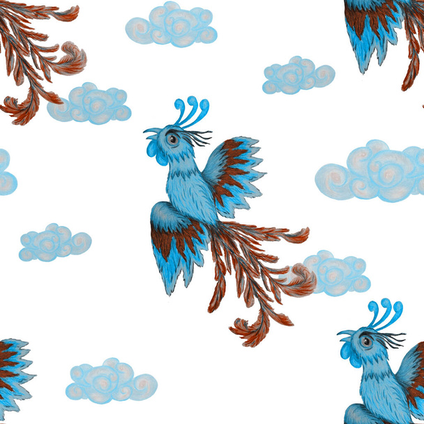 Creative seamless pattern with hand drawn chinese dragon, phoenix. Fantasy decorative print. Colored pencils. - Φωτογραφία, εικόνα