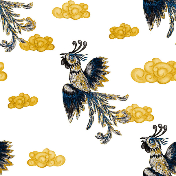 Creative seamless pattern with hand drawn chinese dragon, phoenix. Fantasy decorative print. Colored pencils. - Фото, зображення
