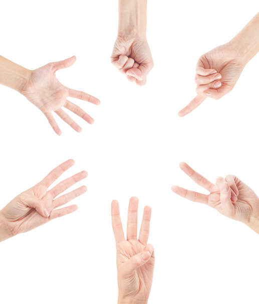 Tellen vrouw handen (0 tot en met 5) geïsoleerd op witte achtergrond - Foto, afbeelding