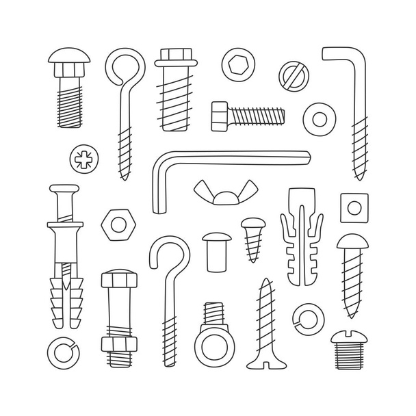 Set of fasteners. Bolts, screws, nuts, dowels and rivets in doodle style. Hand drawn building material. - Vector, Image