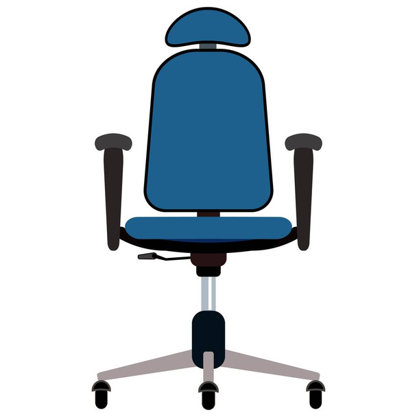 Blue office chair with headrest and handles vector illustration. Furniture with rolls and all equipment tor it. Object isolated on white. Use for office interior furniture and decor cartoon props - Wektor, obraz
