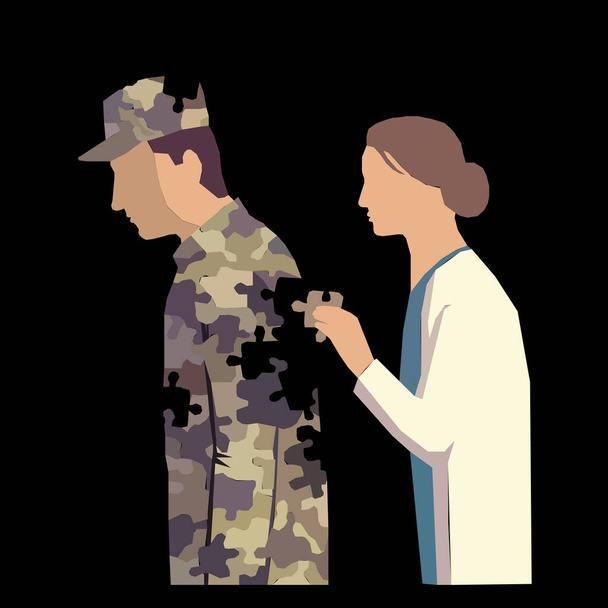 ein Arzt macht einen Pazzle Soldat Militärmedizin Illustrationsvektor auf dunklem Hintergrund - Foto, Bild