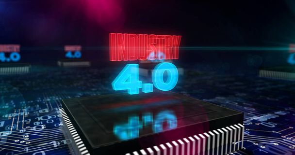 Teollisuus 4.0, innovointi ja moderni digitaalitekniikka. Futuristinen käsite CPU tuotantolinja abstrakti 3d renderöinti kuva. Prosessoritehdas laserpolttosymboleilla
. - Valokuva, kuva