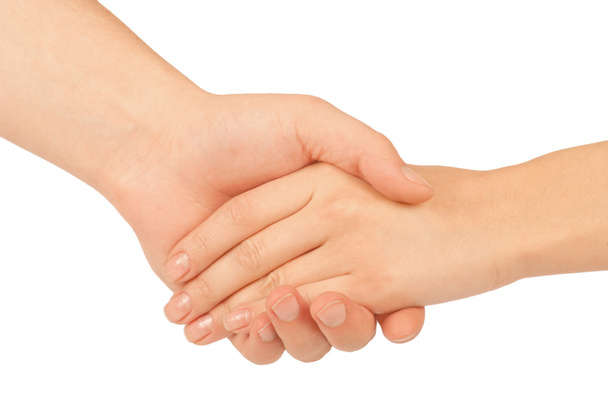 Shaking hands of two people, man and woman, isolated on white. - Φωτογραφία, εικόνα