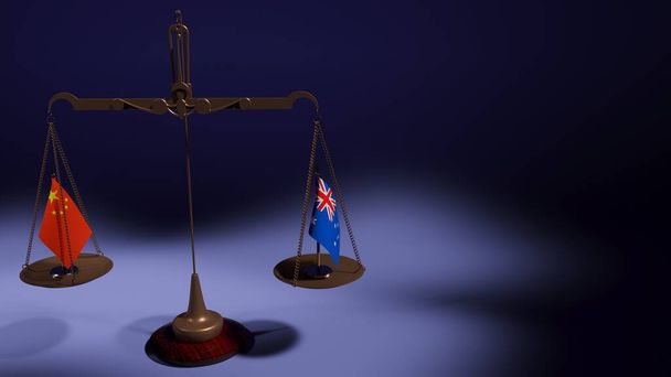 バランスの鉢の上の中国とオーストラリアの旗は、青い背景で拡大します。3Dレンダリング - 写真・画像