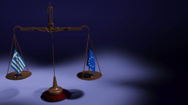 Vlaggen van Griekenland en de Europese Unie op de schalen van de weegschaal op een blauwe achtergrond. 3d destructie - Foto, afbeelding