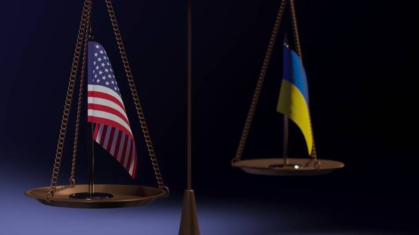 Σημαίες των Ηνωμένων Πολιτειών της Αμερικής και της Ουκρανίας στα κύπελλα των ζυγών ισορροπίας σε μπλε φόντο. 3d απόδοση - Φωτογραφία, εικόνα