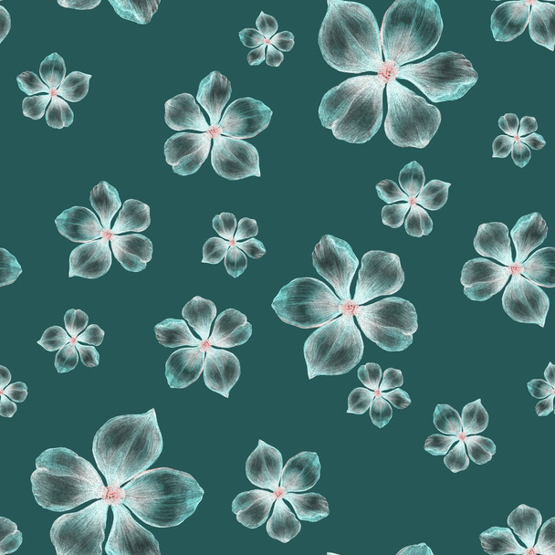 Beautiful seamless pattern with stylized flowers. Botanical summer print. Hand drawn with colored pencils. - 写真・画像