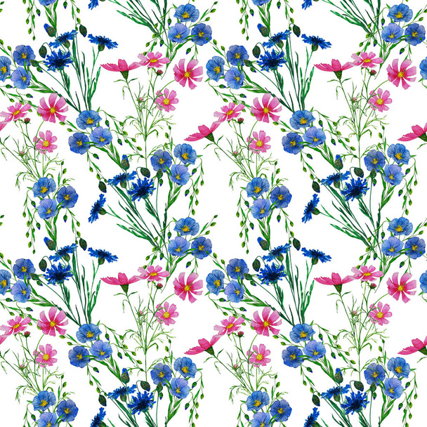 Floral seamless pattern with watercolor field flowers. Beautiful summer print. Botanical wallpaper. Floral design.  - Fotografie, Obrázek