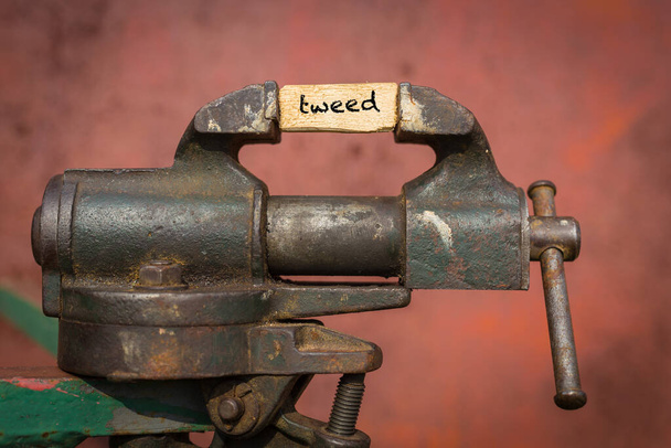 Εργαλείο λαβής που σφίγγει μια σανίδα με τη λέξη τουίντ - Φωτογραφία, εικόνα