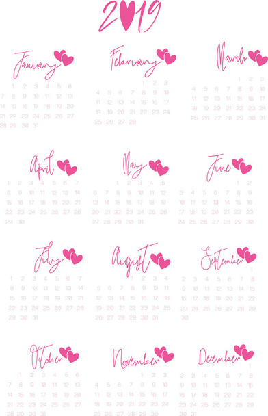 Kalenterin suunnittelu 2019. Yksinkertainen tausta, vaaleanpunainen muotoilu. Viikko alkaa maanantaina. 12 kuukauden sarja
 - Vektori, kuva