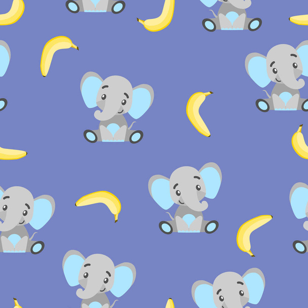 Seamless pattern with baby elephants and yellow bananas. Gray and light blue. Violet background. Flat cartoon style. Funny and cute. African animal. For postcards, wallpaper, textile and wrapping paper - Διάνυσμα, εικόνα