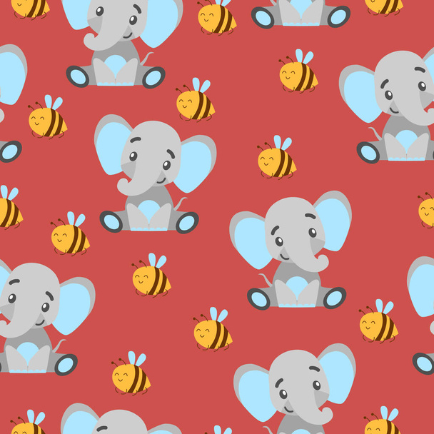 Patrón sin costuras con elefantes bebé y abejas amarillas. Gris y azul claro. Fondo rojo. Estilo plano de dibujos animados. Gracioso y lindo. Animal africano. Para postales, papel pintado, textil y papel de regalo
 - Vector, imagen
