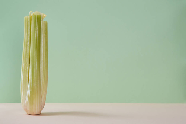Delicious vegetable celery isolated on beige and green background. Healthy lifestyle. Diet food concept. Copy space - Photo, image