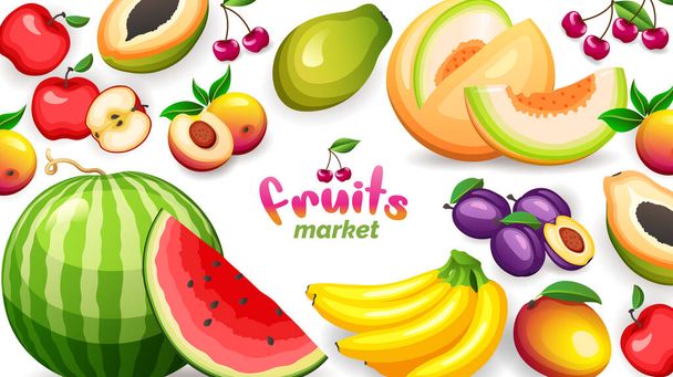 Banner con diferentes frutas tropicales aisladas sobre fondo blanco, ilustración vectorial en estilo plano
 - Vector, imagen