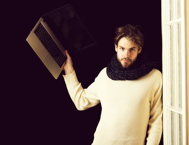 handsome bearded guy with laptop - 写真・画像