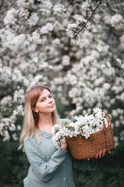girl with a basket of flowers blooming Apple trees in spring - Фото, изображение