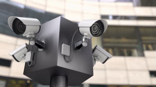 A térfigyelő kamerák figyelik az épület bejáratát, 3D animáció. - Felvétel, videó