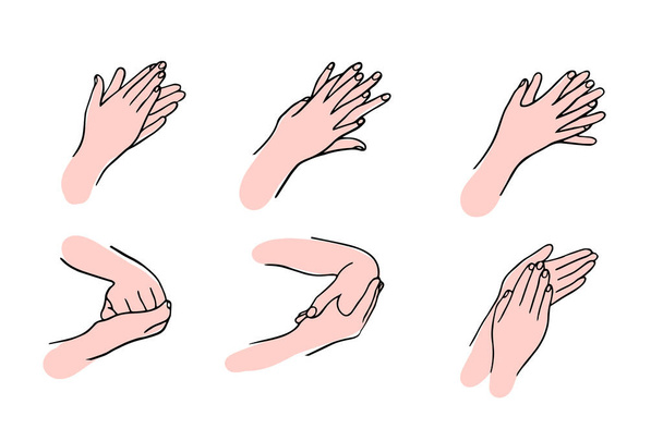 Ellerini nasıl temizleyeceğini Dezenfeksiyon ve el yıkama kurallarını. Enfeksiyonun hijyenik ve tıbbi tedavisini. Doodle tarzında elle çizilmiş vektör çizimi. - Vektör, Görsel