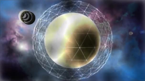 3D-animatie van een kosmische achtergrond en een Gouden bal, een planeet die wordt omringd door een lichtgevend raster en vele ringen die rondvliegen in de ruimte. - Video