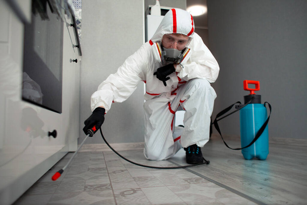 Controlo de pragas. Um trabalhador em um terno de proteção limpa as prateleiras da cozinha de baratas e formigas com um spray, o serviço sanitário desinfecta a sala com um agente químico
 - Foto, Imagem