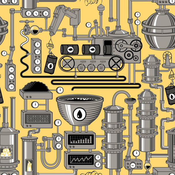 Vector seamless pattern on the theme of of oil refining industry with various industrial equipment, appliances, sensors, devices, mechanisms, pipes on a light green background. - Vettoriali, immagini