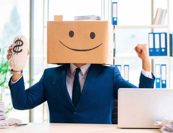Happy man with box instead of his head - Foto, Imagem