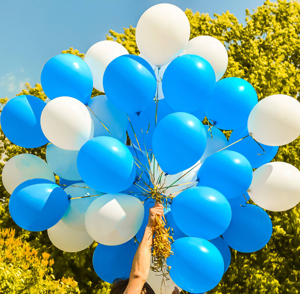 Male hand holding bunch of blue and white balloons against green tree and blue sky on sunny day. Holiday, celebration, Childrens Day, wedding, graduation concept. - Fotoğraf, Görsel