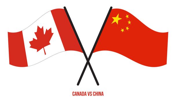 Kanada ve Çin Bayrakları Çapraz ve Dalgalı Düz Stil. Resmi Orantı. Renkleri Düzelt. - Vektör, Görsel