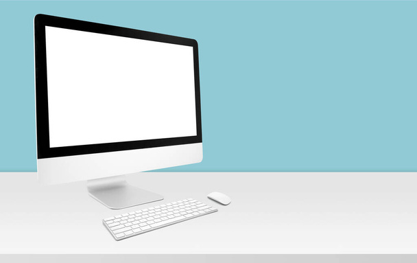 Monitor komputerowy makieta pusty ekran na biurku w biurze, przestrzeń robocza z makietą ekran komputera pusty i klawiatury, mysz, przestrzeń na ksero w domu, koncepcja prezentacji biznesowej. - Zdjęcie, obraz