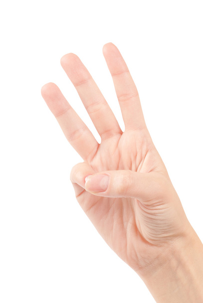 Frauenhände zählen Nummer drei isoliert auf weiß - Foto, Bild