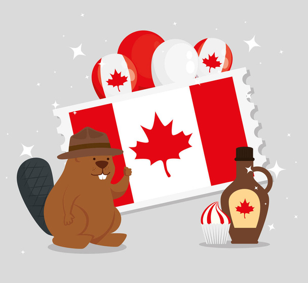 ビーバーや装飾が施された幸せなカナダの日 - ベクター画像