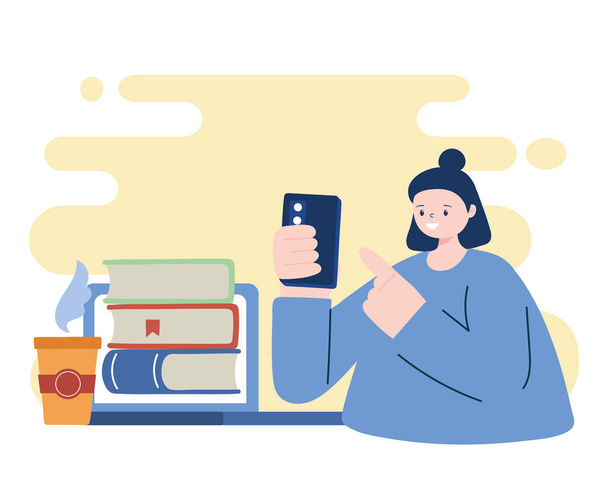 Γυναίκα με έξυπνο τηλέφωνο και βιβλία διανυσματικό σχεδιασμό - Διάνυσμα, εικόνα