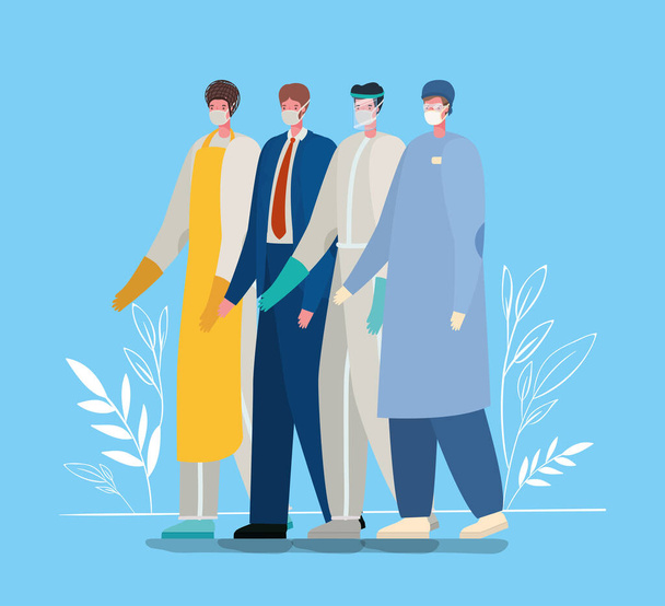 Чоловіки робітники аватари з медичними масками та уніформою Векторний дизайн
 - Вектор, зображення