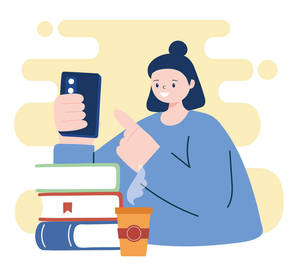 Femme avec smartphone et livres design vectoriel
 - Vecteur, image