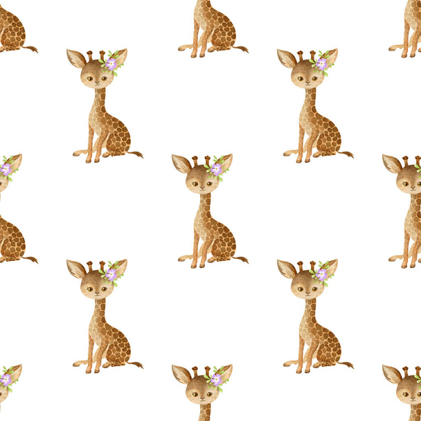 Seamless pattern with cute animals on a white background. Hand painted watercolor illustration. - Fotoğraf, Görsel