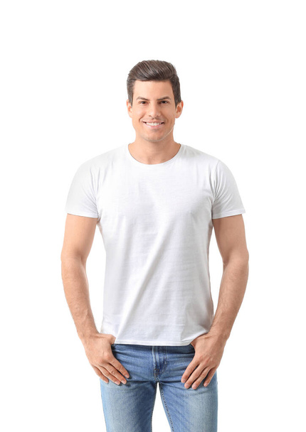 Man in stylish t-shirt on white background - Foto, afbeelding