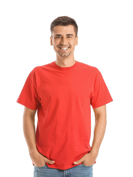 Man in stylish t-shirt on white background - Фото, зображення
