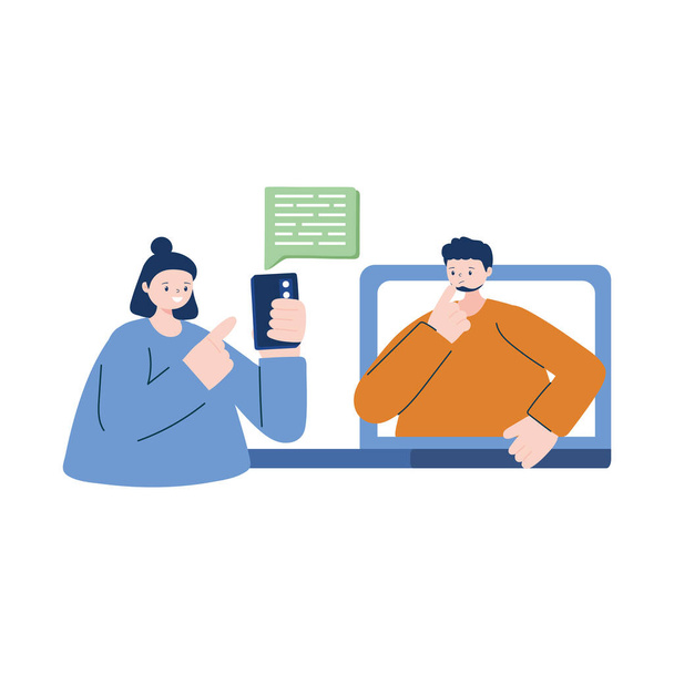Woman and man with smartphone and laptop vector design - Vector, Image