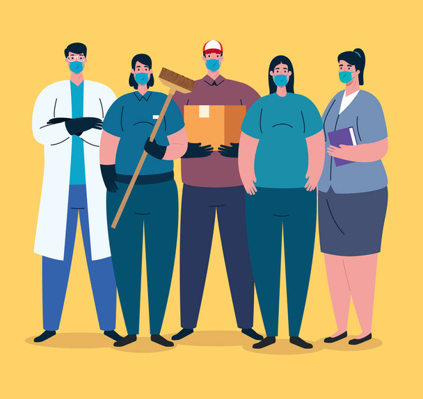 группа работников, использующих медицинские маски для борьбы с пандемией ковида 19
 - Вектор,изображение