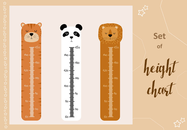 Kids space height chart. Cute wall meter with funny animals. Vector template. Cartoon zoo. Design of childrens products in scandinavian style. - Vector, Image
